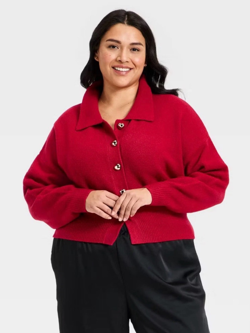 A New Day Women's Long Sleeve Heart Button Cardigan Sweater - Red, 2X